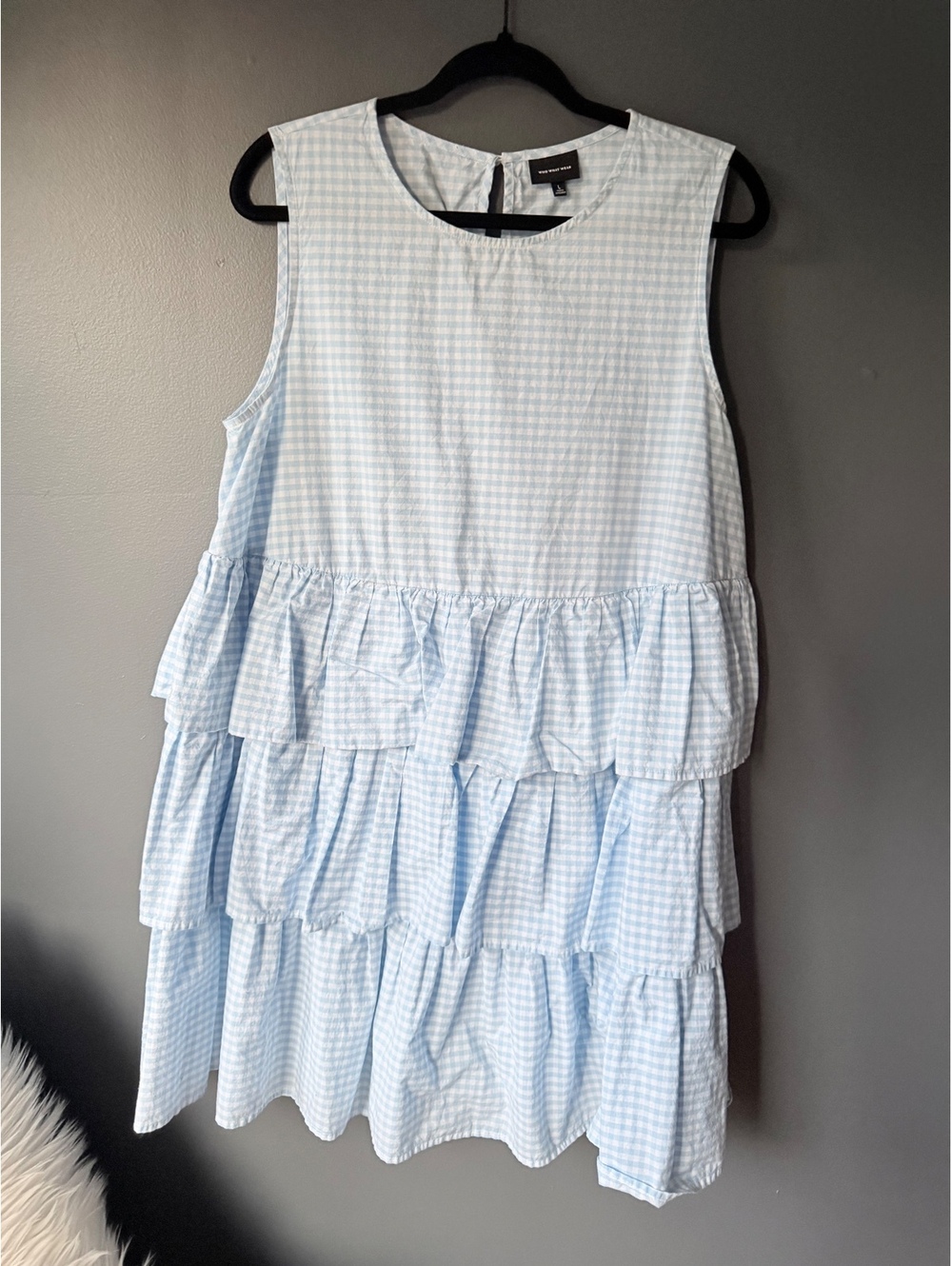 Who What Wear Light Blue Gingham Tiered Cotton Dress Size L